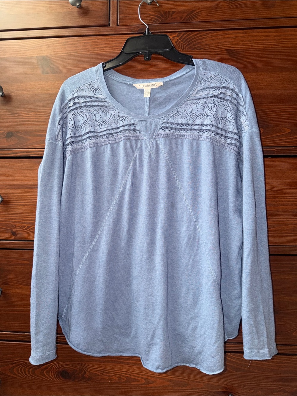 Billabong Light Powder Blue Lace Yoke Long Sleeve Tee Boho Crochet